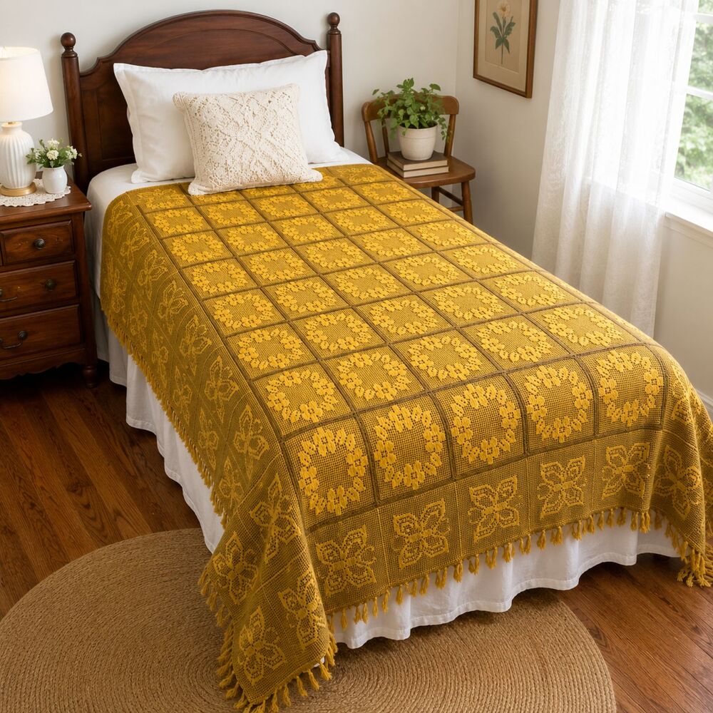Vintage Hand Crocheted Gold Brown Floral Butterfly Twin Bedspread 85x90
